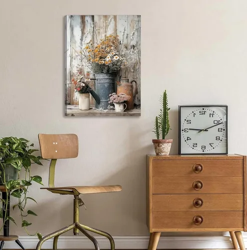 Miniatura 7 de Lienzo rústico con margaritas y margaritas, arte de pared, pintura campestre neutra, decoración de pared, flores, naturaleza muerta, botánica