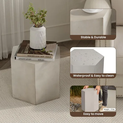 Miniatura 5 de COSIEST Mesa de Acento de Concreto, Mesa Lateral Hexagonal para Patio 14.5''Ancho x 12''Alto, Diseño Modular Mesa Terminal Interior Exterior, Gris