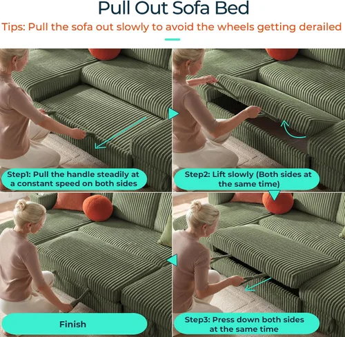 Miniatura 5 de LINSY HOME Sofá Seccional Cama con Sofá Cama Extraíble Convertible de Pana Suave Tipo Nube con Chaise de Almacenamiento y Carga USB, Cómodos Sofás