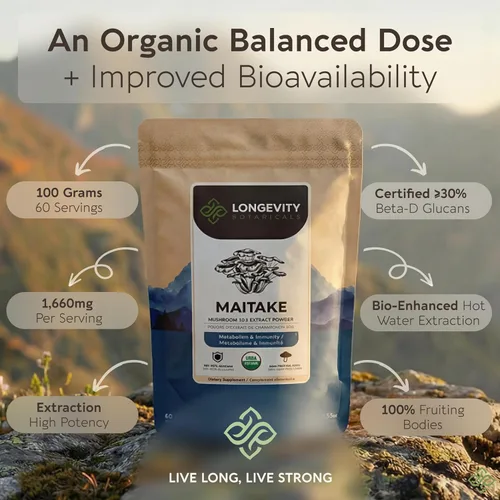 Miniatura 4 de Longevity Botanicals Suplemento orgánico de hongos Maitake en polvo Extracto de 3.53 oz Cuerpo fructífero Grifola Frondosa ≥30% Beta-D-Glucanos