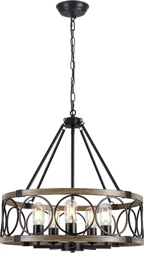 Miniatura 9 de Candelabro de Granja para Comedor de 5 Luces Negro Rústico de Tambor Candelabros de 20" Textura de Madera Lámpara Colgante Ajustable para Isla
