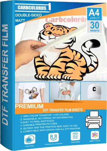 Papel de película de transferencia DTF de alta calidad, A4 (8.4 x 11.7 pulgadas), 30 hojas de pretratamiento transparente mate de doble cara, papel
