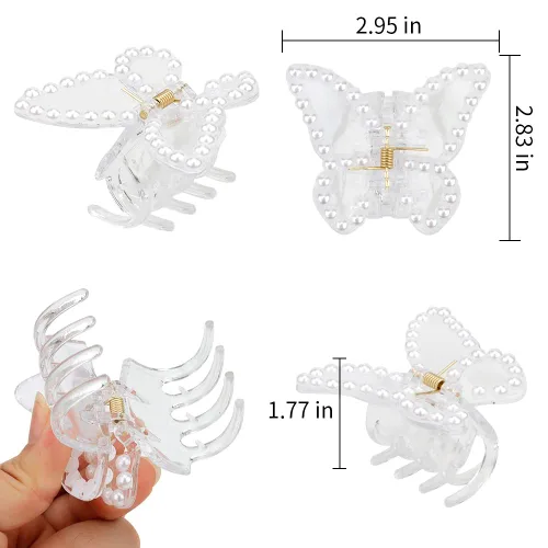 Miniatura 5 de Canitor Pinzas de mariposa para mujer, 3 piezas: pinzas para el cabello de mariposa para mujer, transparentes, perlas, cabello grueso y fino