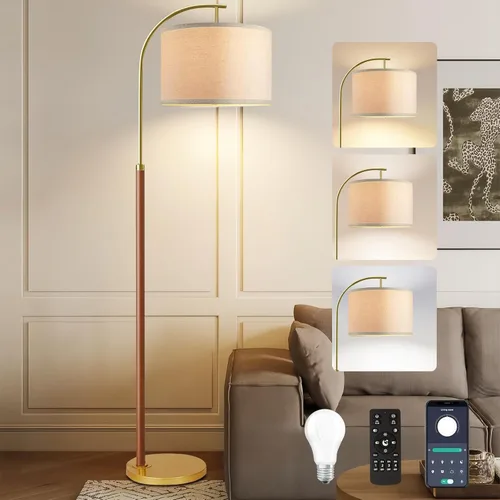 Miniatura 12 de Lámparas de pie de madera para sala de estar, lámpara de pie dorada con control remoto y pantalla de cristal, lámpara de arco de flores, lámpara