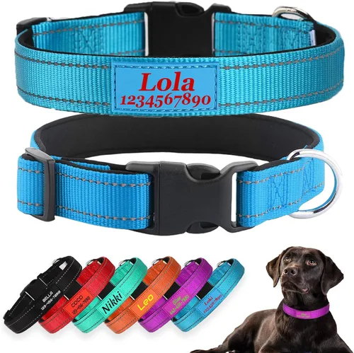Miniatura 11 de Collares para perros personalizados, nailon reflectante personalizado con nombre de mascota y número de teléfono, ajustable en 5 tamaños y 3