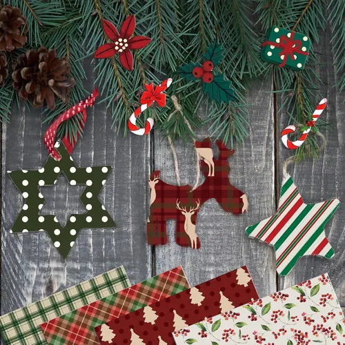 Miniatura 8 de 24 hojas de papel de álbum de recortes con patrón navideño, 12 x 12 pulgadas, doble cara, rojo y verde, texturizado, floral, papel plegable