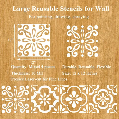 Miniatura 2 de Paquete de 4 plantillas grandes de azulejos españoles de 12 x 12 pulgadas, plantillas de suelo reutilizables para pintar en pisos, azulejos, patio