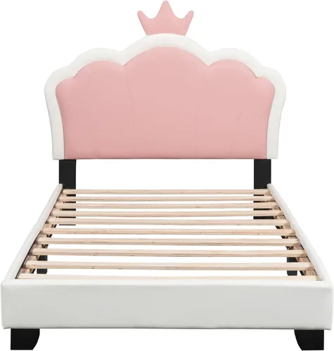 Miniatura 5 de Cama de plataforma tapizada de tamaño individual, marco de cama de plataforma de madera con cabecera en forma de corona, elementos de dibujos