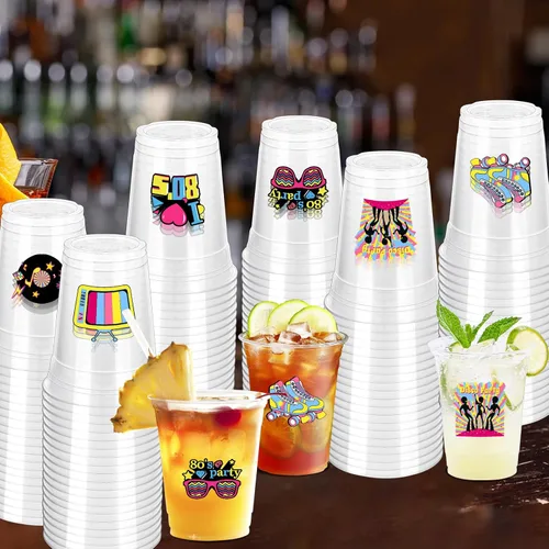 Miniatura 4 de 100 vasos de plástico desechables para fiestas de los 80 de 12 onzas de regreso a los 80, vasos transparentes desechables para discoteca de los 80