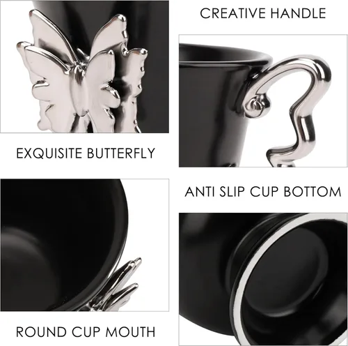 Miniatura 3 de Taza de café de cerámica, taza de café artística de 10 onzas con mariposa plateada 3D y mango en forma de mariposa, elegante taza de té vintage