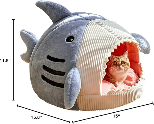 Miniatura 7 de QWINEE Cama para Gatos en Forma de Tiburón, Cama para Gatitos, Casa de Escondite, Cálida, Suave, Cómoda, Semicerrada, Azul, Tamaño S
