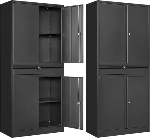 Gabinete de almacenamiento de metal para garaje, armario de almacenamiento con cerradura de 71 pulgadas con 2 estantes ajustables y 1 cajón para