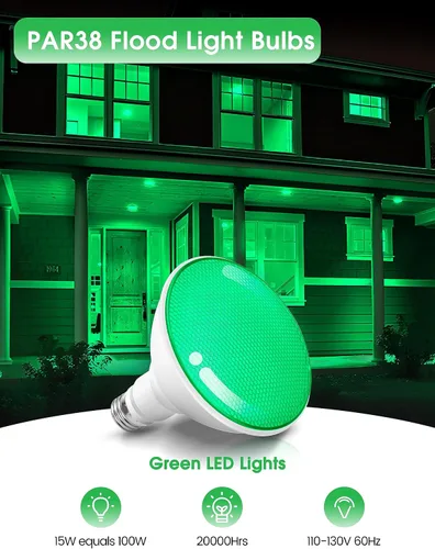 Miniatura 2 de Fulighture Paquete de 2 bombillas de inundación verdes, PAR38 de 15 W (equivalente a 100 W) E26, bombillas LED verdes de inundación para exteriores