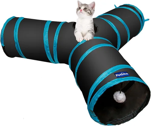 PetLike Túnel para gatos (con juguete interactivo para gatos y juguete de hierba gatera) para gatos de interior, tubo plegable para mascotas, Negro