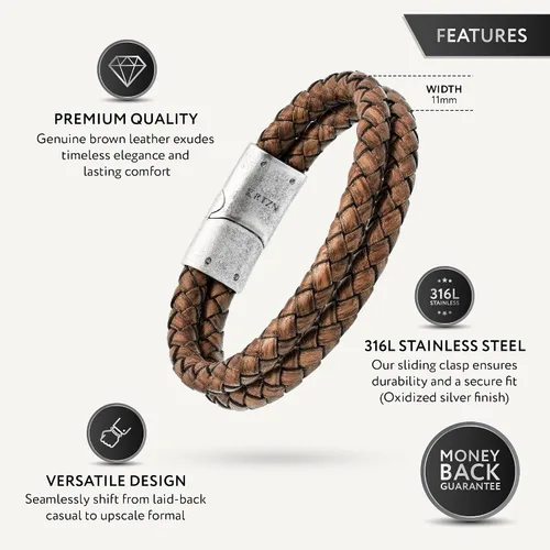 Miniatura 2 de RTZN® Brown Leather Bracelet for Men – Premium Artisan Handcrafted Mens Leather Bracelet – Multi-Stand Mens Bracelet Leather Collection Beaded