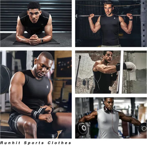 Miniatura 7 de Runhit Paquete de 3 camisetas de compresión sin mangas para hombres, entrenamiento deportivo, sin mangas, camiseta de compresión para hombres