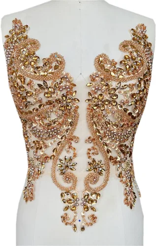 Accesorios de apliques de encaje hechos a mano con diamantes de imitación puros para coser a mano, parches para vestido de novia de niña (champán)