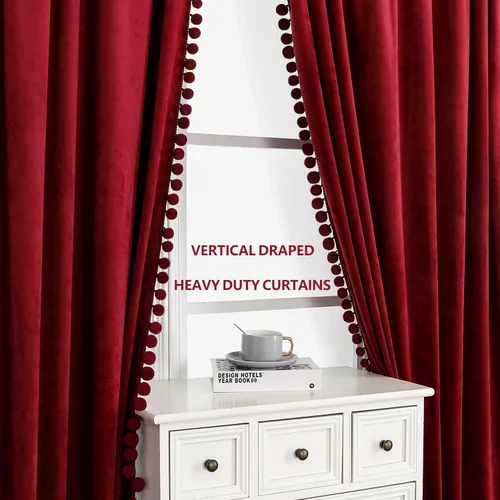 Miniatura 7 de Benedeco - Cortinas de terciopelo burdeos para ventana de dormitorio con pompón, cortinas de lujo súper suaves, oscurecimiento y aislamiento térmico