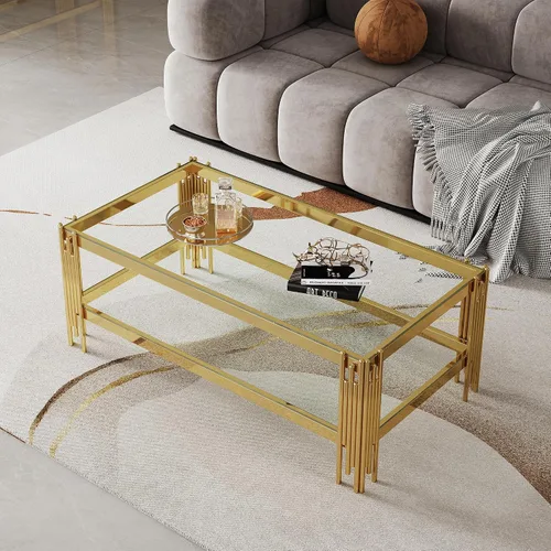 Miniatura 207 de Mesa de centro de cristal de lujo, mesa de centro de sofá de 47 pulgadas con marco de acero inoxidable dorado y parte superior de vidrio negro, mesa