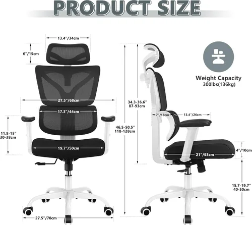 Miniatura 2 de Winrise Silla de oficina y juegos, silla de escritorio ergonómica reclinable con respaldo alto, grande y alta, cómoda oficina en casa, malla Blanco