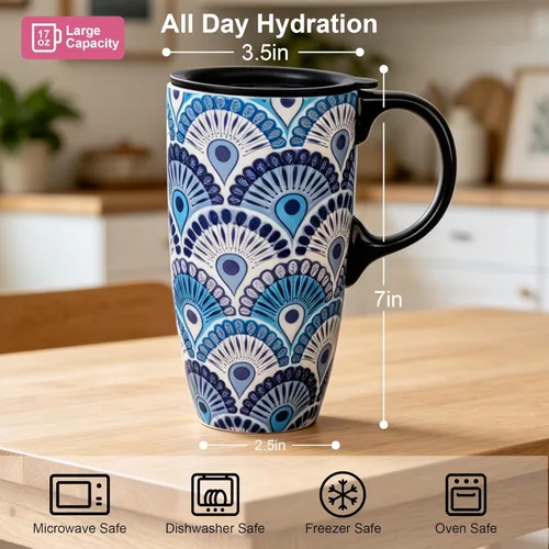 Miniatura 2 de Topadorn Taza de café de cerámica de 17 onzas con tapa y caja de regalo, taza de té de porcelana con plumas de pavo real Art Deco, apta para Azul