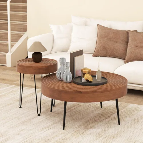 Giantex Juego de 2 mesas auxiliares redondas bohemias, mesa anidable lateral para sofá con parte superior de madera de pino maciza, patas de metal y