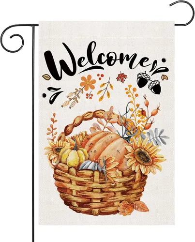Bandera de jardín de bienvenida de otoño, 12 x 18 pulgadas, doble cara, bandera de jardín de calabaza de Acción de Gracias, bandera vertical de