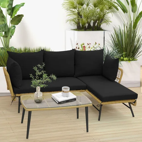 Miniatura 3 de Tangkula Juego de muebles de mimbre para exteriores, sofá de patio en forma de L de 3 piezas con cojines y mesa de vidrio templado, marco de metal