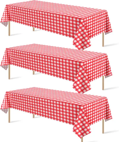 Miniatura 45 de Paquete de 12 manteles redondos de plástico rojo y blanco a cuadros desechables de alta calidad para fiestas, manteles redondos de fiesta