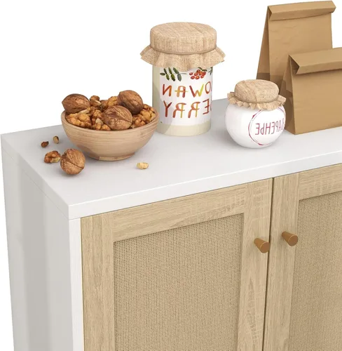 Miniatura 8 de Panana Ratán decorado 2 puertas Gabinete de almacenamiento Gabinete de acento Sala de estar Armario Cocina Aparador Buffet Mesa (blanco)
