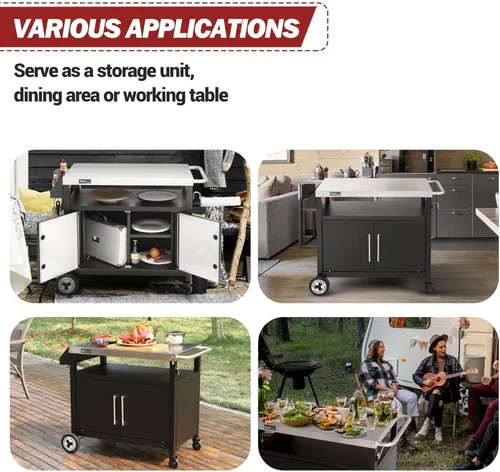 Miniatura 3 de Carro de parrilla al aire libre con ruedas, isla de cocina móvil con gabinete de almacenamiento para barbacoa, mesa de carrito de comedor de acero