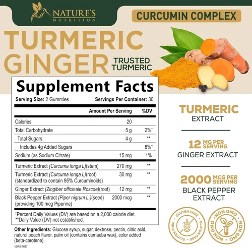 Miniatura 2 de Gomitas de suplemento de curcumina de cúrcuma – 95% de curcuminoides con cúrcuma y jengibre, pimienta negra para una mejor absorción, apoyo