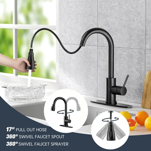 Miniatura 4 de Grifo de cocina con rociador desplegable de un solo mango, arco alto, acero inoxidable comercial, níquel cepillado, grifo para fregadero de cocina