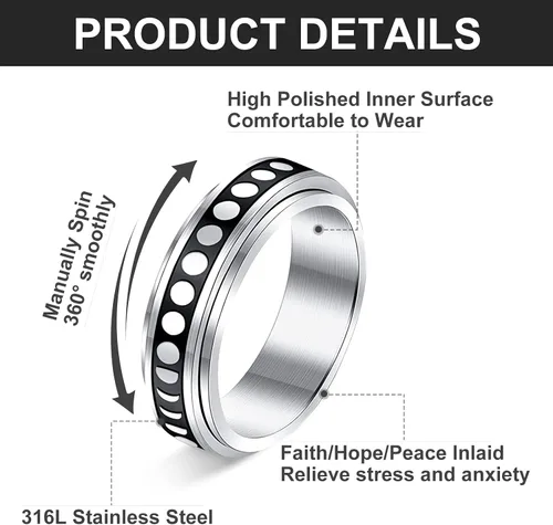 Miniatura 2 de BiCINE Anillo para la ansiedad para mujeres y hombres 8 unidades anillos para la ansiedad de acero inoxidable anti ansiedad anillos giratorios