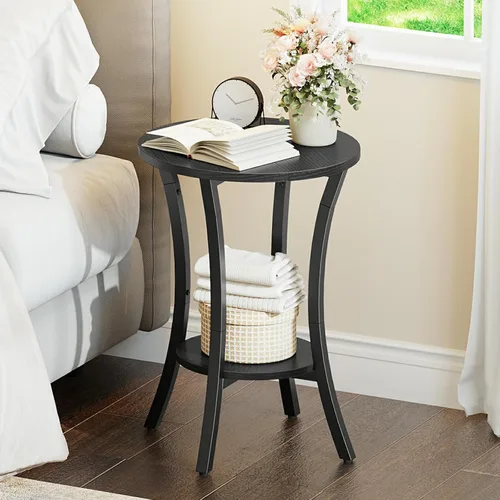 Miniatura 5 de HOOBRO Mesa auxiliar redonda, mesa auxiliar de sofá de 2 niveles, mesita de noche de almacenamiento pequeña, para espacios pequeños, mesa decorativa