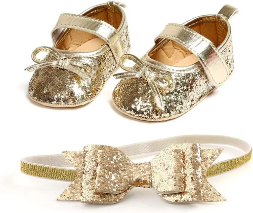 Miniatura 4 de Zapatos planos Mary Jane para bebé con diadema de lazo, vestido de princesa floral para bebé, suela suave, zapatos de cuna antideslizantes