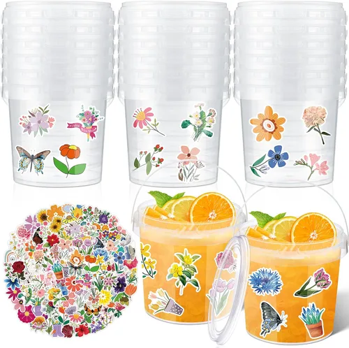 Miniatura 21 de PerKoop 20 cubos de helado de 32 onzas con tapas y asas, cubos transparentes de ron de cóctel con calcomanías, tina transparente de plástico