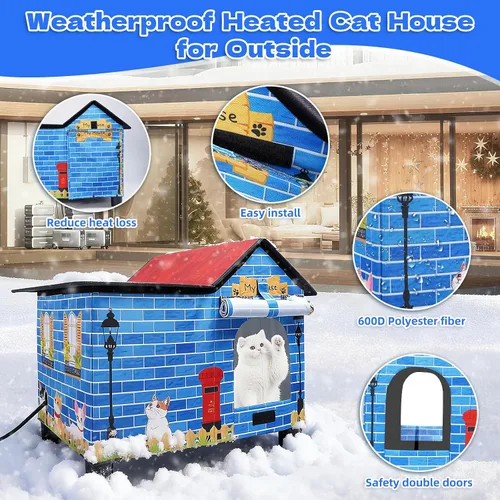 Miniatura 5 de Casa Grande con Calefacción para Gatos de Exterior, Casa Elevada para Gatos al Aire Libre Resistente a la Intemperie con Almohadilla Térmica