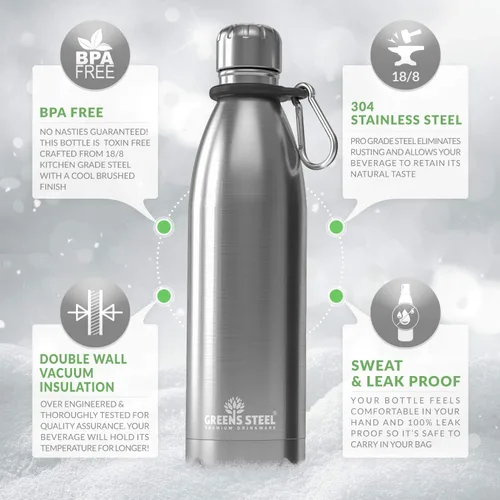 Miniatura 8 de Greens Steel Botella de agua de acero inoxidable - 17 onzas, acero Pared doble aislada al vacío con tapa de rosca/a prueba de fugas Cantín