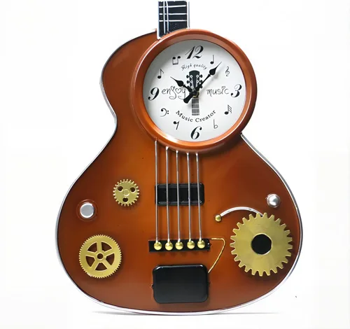 Reloj de pared para guitarra, reloj retro en forma de guitarra de metal marrón con engranajes, silencioso sin tictac, decoración de sala de música
