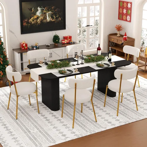 Miniatura 23 de Juego de mesa de comedor ovalada negra moderna de 70.9 pulgadas para 4, mesa de cocina rectangular estilo crema con sillas negras Boucle, juego