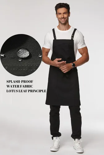Miniatura 5 de Delantal de cocina unisex, delantal con correa cruzada con 2 bolsillos, delantal profesional duradero e impermeable Negro