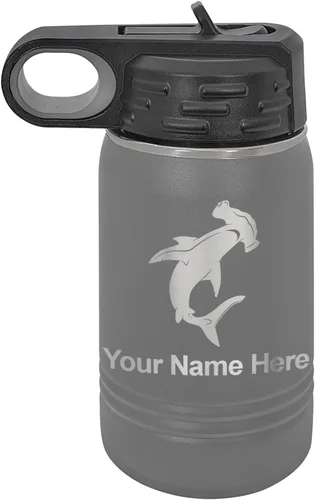 Miniatura 70 de LaserGram Botella de agua personalizada, tiburón martillo, acero inoxidable de doble pared aislada al vacío con popote superior, regalo grabado