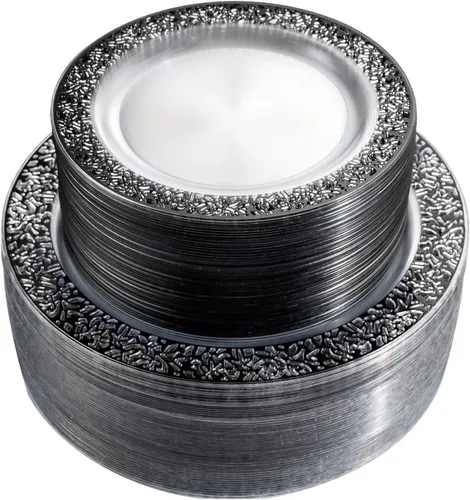 Miniatura 14 de U-QE 100 platos de plástico negro, platos desechables negros resistentes, que incluyen 50 platos llanos de 9 pulgadas y 50 platos de postre de 6.5