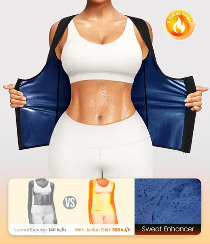 Miniatura 4 de Junlan Traje de sauna para mujer, chaleco entrenador de cintura para mujer, camiseta sin mangas moldeadora para sudar para mujer con cremallera Azul