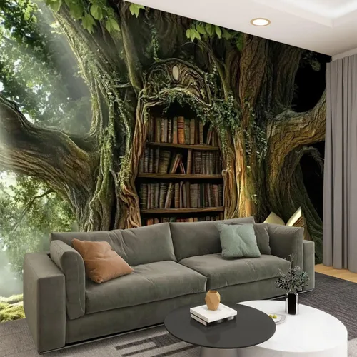 Miniatura 5 de Murales modernos para papel pintado 3D petrificado árbol arroyo ambiente antiguo oculto estantería abierta libro abierto despegar y pegar