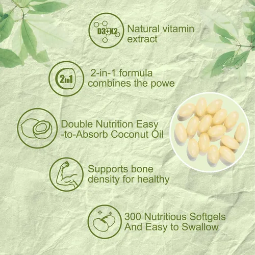 Miniatura 4 de 300 unidades 2 en 1 de vitamina D3 10000 iu Plus K2 (MK-7) 200 mcg, cápsulas blandas de aceite de coco con vitaminas D y K, apoya la salud ósea