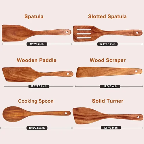 Miniatura 6 de 6 piezas del mejor juego de espátulas planas de madera Set de cuchara de madera de teca para utensilios de cocina volteador ranurado espátula