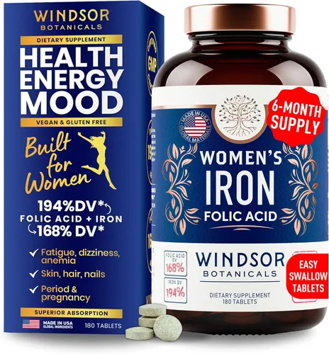 Suplemento de hierro para mujeres con ácido fólico, suministro de píldoras de hierro para mujeres de Windsor Botanicals, anemia, período, apoyo al