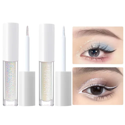 Miniatura 8 de Juego de maquillaje de lentejuelas líquidas en gel holográfico y delineador de ojos plateado, 2 piezas, resaltador líquido brillante, resistente al